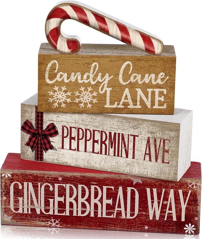 Moucuny 4 Pcs Christmas Table Decor Wooden Candy Cane Decoration Farmhouse | Tiered Rustic Design with Candy Cane, Shelf Decor for Kitchen or Living Room, Holiday Centerpiece, Farmhouse Gift