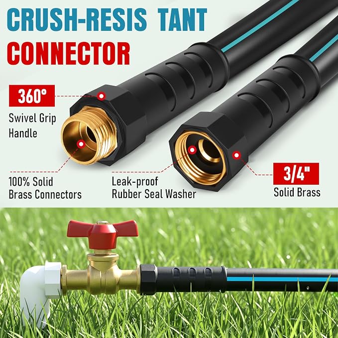 Garden Hose 50 ft x 5/8" with Nozzle, Water Hose Heavy Duty Flexible, Lightweight Kink-less Hybrid Hose with Swivel Handle, Male to Female Fittings