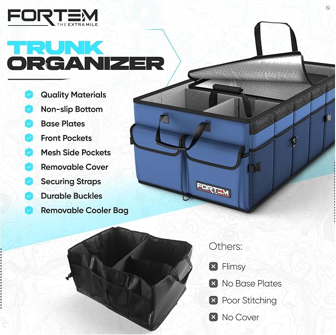 FORTEM Trunk Organizer - Foldable Car Organizer with Cooler for SUV, Trucks | Car Accessories for Men Women, Collapsible Bag, Non Slip Bottom, Straps, Soft Cover, 600D Oxford, Blue, 6 Compartments, 105L