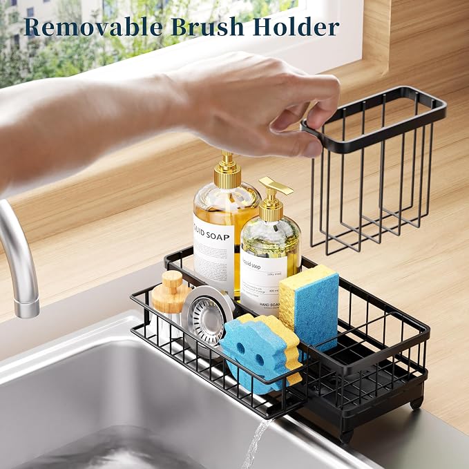 Consumest Sponge Holder for Kitchen Sink - Auto Draining Sink Caddy Organizer with Detachable Rack, High Brush Holder, Kitchen Countertop Storage Accessories, Black-Extra Large