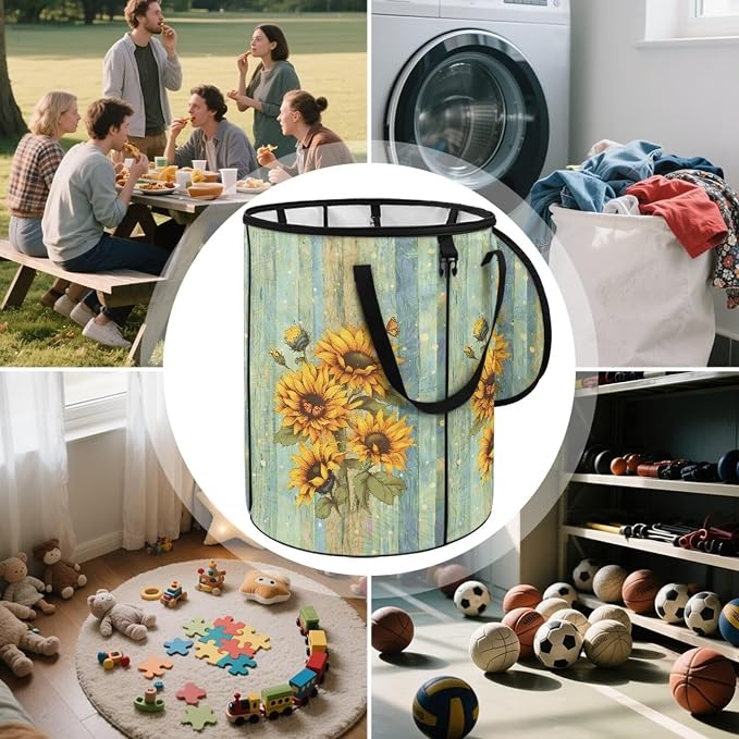 Vintage Sunflower Print 24 Gallon Large Capacity Collapsible Trash Can with Lid and Handles Camping Waster Bag Garden Leaf Bin Laundry Hamper Childrens Toy Bin