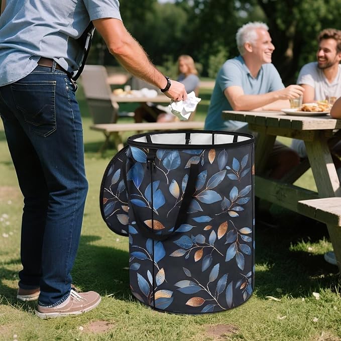 Vintage Blue Leaf Print 24 Gallon Camping Waster Bags with Lid and Handles Reusable Lawn Garden Bags Collapsible Trash Can for Outdoor Picnics Yard