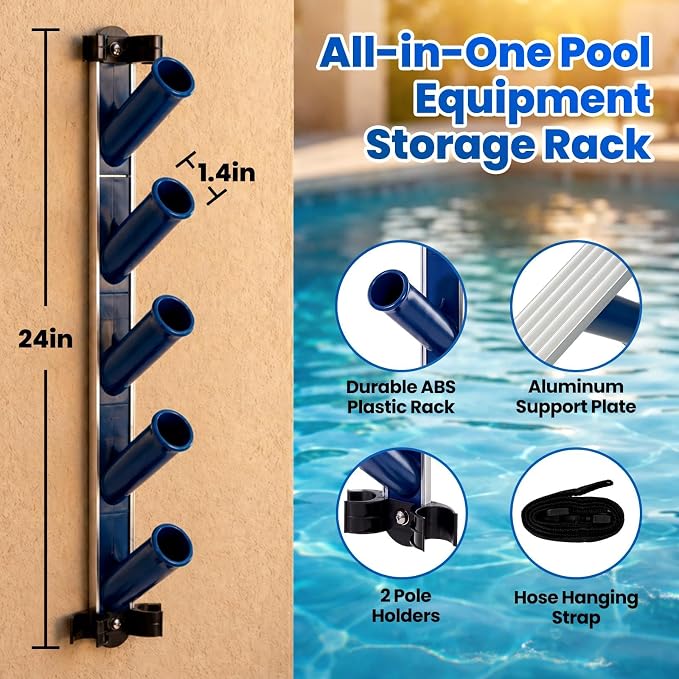 POOLAZA Pool Equipment Storage Rack, Pool Tool Organizer for Cleaning Tools | Durable ABS Rack with Aluminum Support Plate, Holds Skimmer Nets, Brushes, Vacuum Heads, Poles & Hoses with 5 Holders & Strap