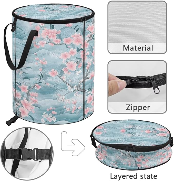 Cherry Blossom 24 Gal Collapsible Trash Can w/Lid Waterproof Foldable Garbage Bin for Camping, Backyard & Hiking | Heavy Duty Pop-Up Design (23x18in) Car Camping Gear