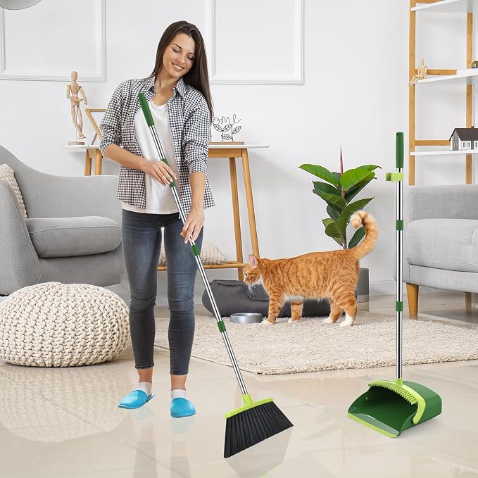 NACENA Broom and Dustpan Set with 52-in Long Adjustable Handle, Green | Broom Dustpan Combo with Dustpan Teeth to Automatically Clean Hair Suitable for Home Kitchen Office Hall Floor
