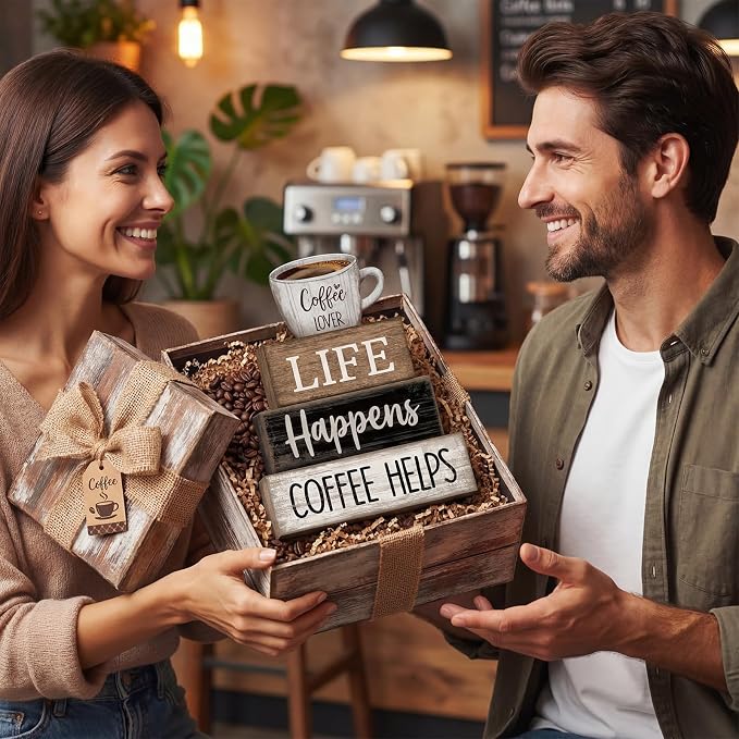 Moucuny 4 Pcs Wooden Coffee Bar Signs Farmhouse Table Decor Blocks | Stackable Rustic Blocks with Quotes, Tiered Tray Accessories, Kitchen Countertop Centerpiece, Home Cafe Corner Decorations