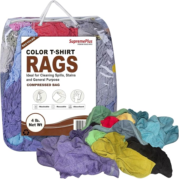Recycled Multicolored Knit T-Shirt Rags, 4 lb Bag of Rags for Cleaning, Reusable & Multipurpose Cotton Rags for Wiping, Dusting, Polishing, Staining, Paint Spill Cleanup, and Home Use