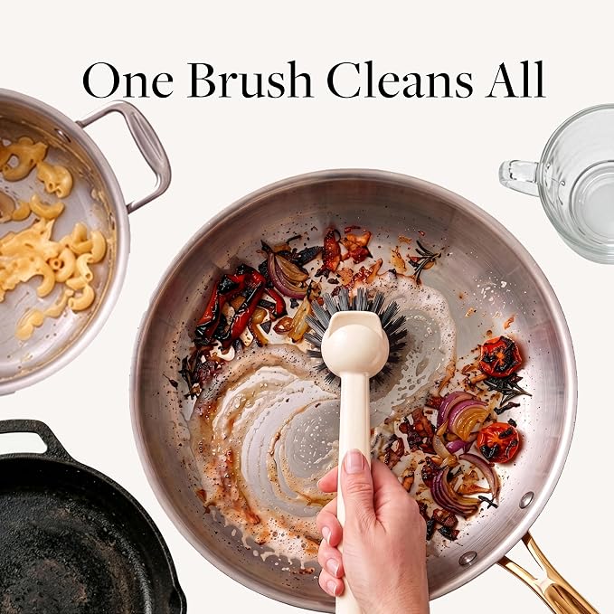 Earth & Mango Magnetic Dish Brush & Scraper, Snaps to Sink, Warm Sand Beige