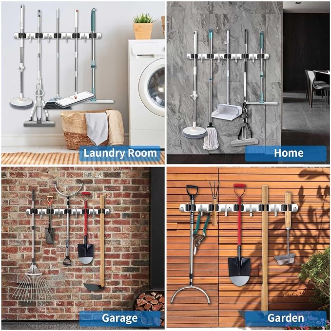 Broom Holder Wall Mount, Stainless Steel Broom Hanger Wall Mount, Heavy Duty Mop and Broom Holder Tool Racks Utility Hooks for Laundry Room Garden Garage, Black (4 Racks and 5 Hooks)
