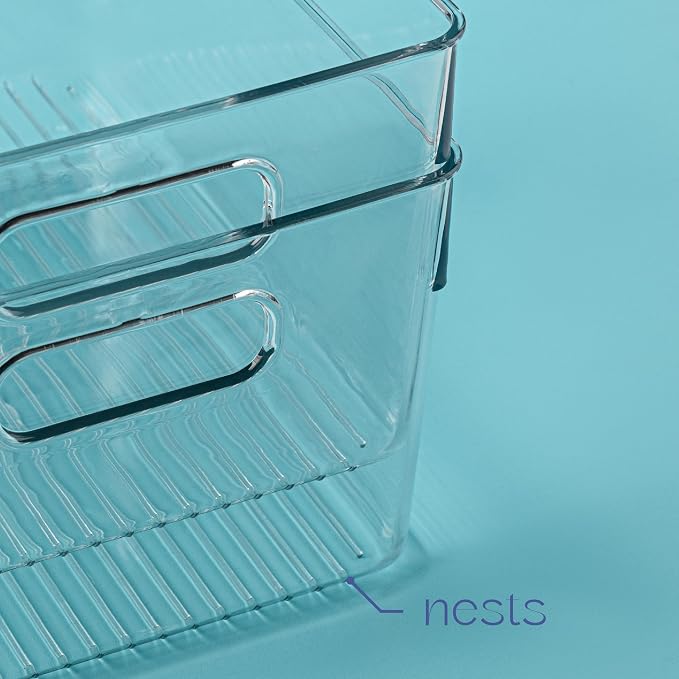 Plastic Food Storage 4 Pack Clear Container Bin with Handles for Organizing Kitchen, Pantry, Refrigerator, Freezer, Pantry, Cabinet, Closet, Bathroom. 10”x7.5”x5.3”