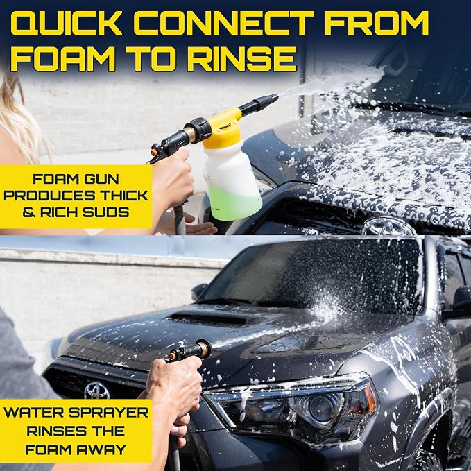 Clean Car USA Foam King™ Car Wash Foam Gun & Microfiber Mitt, Foam Sprayer | Garden Hose Attachment, 6 Settings + Rinse Mode, Fits 3/4 in 5/8 in 1/2 in Hoses, Microfiber Towel, Threaded Connector