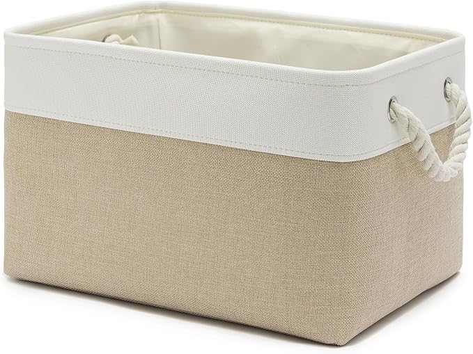 15x11x10 In Foldable Fabric Large Storage Bins with Handle 1 Pack | Organizer Baskets, Sturdy Metal Strand, Cardboard Support Molding, Storage Baskets for Shelves, Closet, Bedroom, White/Khaki