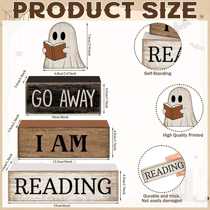 Moucuny 4 Pcs Halloween Table Decor Wooden Ghost Reading Stacked Block Sign | Rustic Farmhouse Centerpiece, Stacked Wood Signs With Ghost Reading Book, Tiered Trays And Shelves For Home Office Library