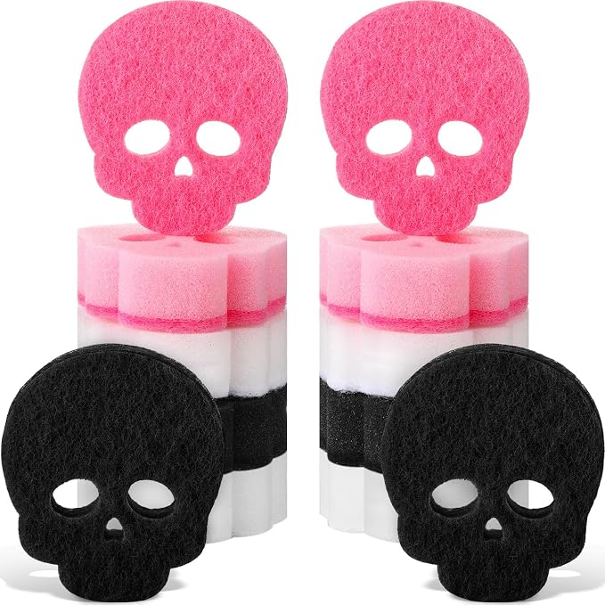 Tioncy 12 Pack Halloween Skull Kitchen Sponges, Black, White, Pink | Dual Sided Scrubber, Gothic Halloween Decor, Reuseble Non Scratch Dishwashing, for Cookware Pot Boiler Pan Household