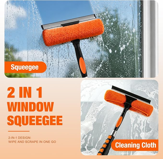 30FT Window Squeegee with Extension Pole, 2-in-1 Squeegee for Window Cleaning, Professional Cleaning Kit for Home with 24FT Telescoping Pole for Outdoor Indoor Use