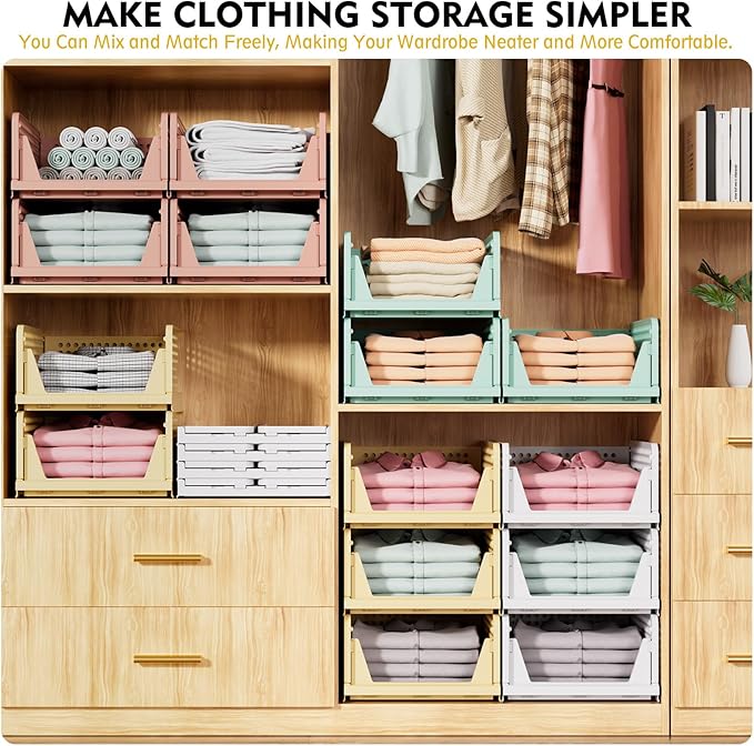 SNSLXH 5 Pack Closet Organizer Basket, Closet Organizers and Storage, Green | Stackable & Foldable Closet Storage Bins for Bathroom Laundry Room Wardrobe Storage, Space-Saving Clothes Drawer Organizer