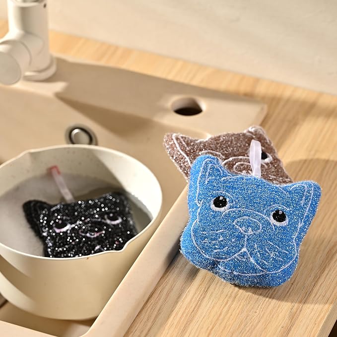 Fox Run Bulldog Kitchen Scrubber Set, Multicolor Pack of 3 Dog Sponges, 4" | Easily Clean Plates, Pots & Glasses | Dish Sponges For Nonstick Pans | Cute Kitchen Décor | Reusable Dog Scrub Sponge Set