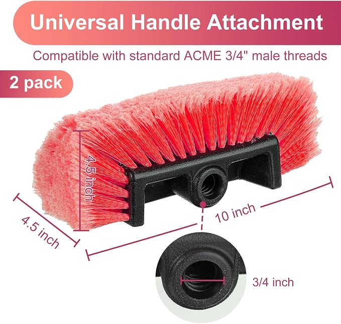 Tanlade 2 Pcs Car Wash Brush Heads Soft Bristle Flow Thru,10 Inch,Red | Replacement Heads for Exterior Cleaning, Compatible with Auto Truck RV Boat Camper, Gentle Bristles Protect Paint Finish