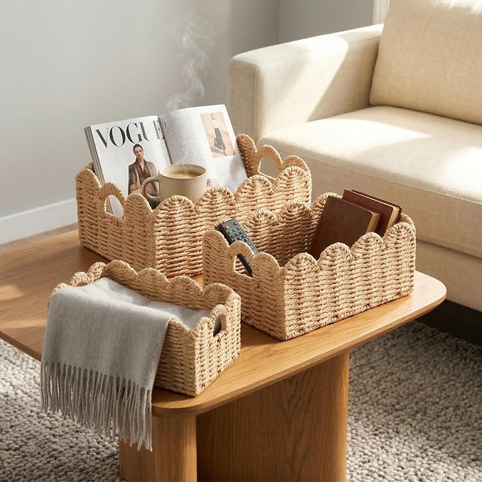 Scalloped Wicker Baskets Set of 3, Hand-Woven Storage with Handles | set of 3 beige scalloped baskets with handles. Hand-woven paper rope for shelves, bathroom or closet. Stackable, sturdy.