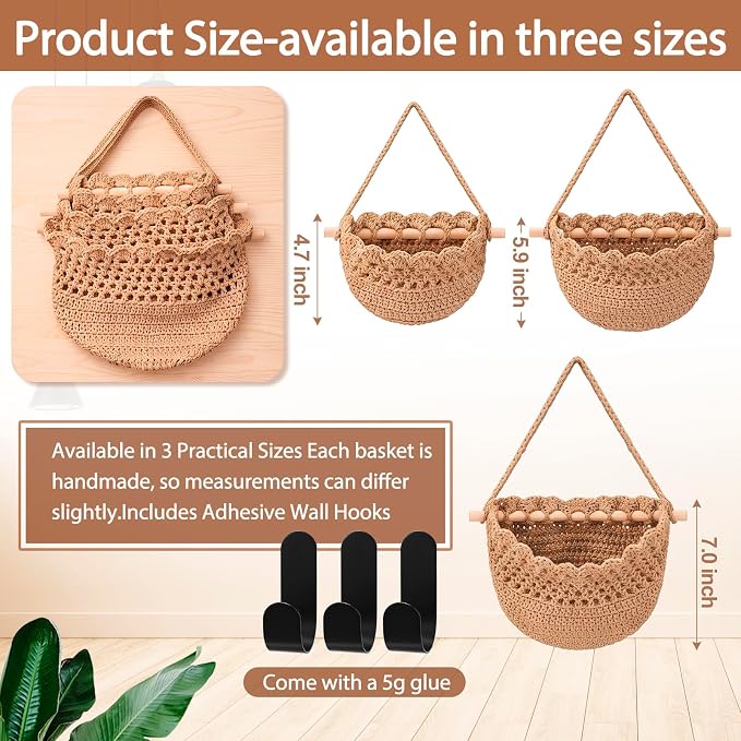 3 Hanging Baskets,Dark Brown,Lace,Cotton Rope | Wicker Wall Baskets with Hooks for Fruit Vegetable Onion Storage, Teardrop Organizer for Kitchen, Boho Farmhouse Decor