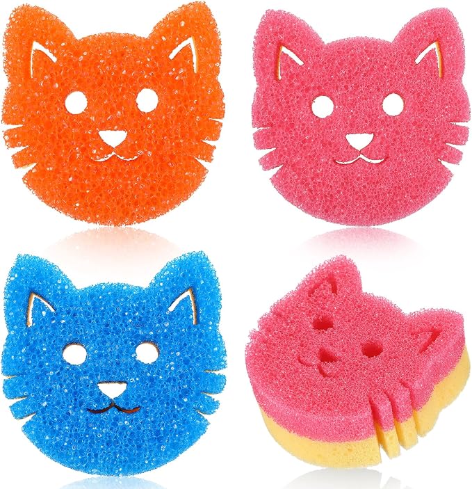 FillTouch Cat 3 Pcs Scrub Sponge, Pink, Orange, Royal Blue | Soft Non-scratch Cat Sponge, Dual Sided, Temperature Sensitive, Easy Clean, Multi Functional Sponge for Kitchen, Bathroom