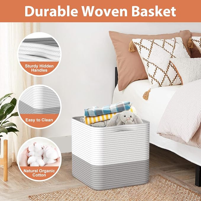 Storage Cotton Cubes 11 Inch, Woven Cotton Rope Storage Baskets for Toys Blanket Organizing, Storage Bins Decorative Organizer with Handles for Living Room Laundry Room Closet (3 Pack, Grey)