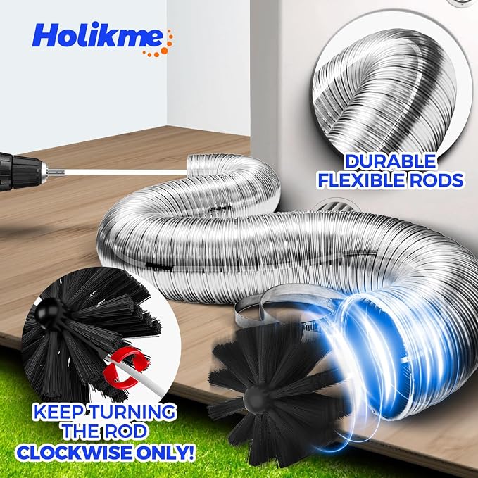 Holikme Dryer Vent Cleaner Kit - 15Ft Flexible Lint Brush for Deep Cleaning | Dryer Vent Cleaner Brush with Drill Attachment, Removes Years of Lint Buildup, Improves Airflow, Faster Drying & Fire Safety