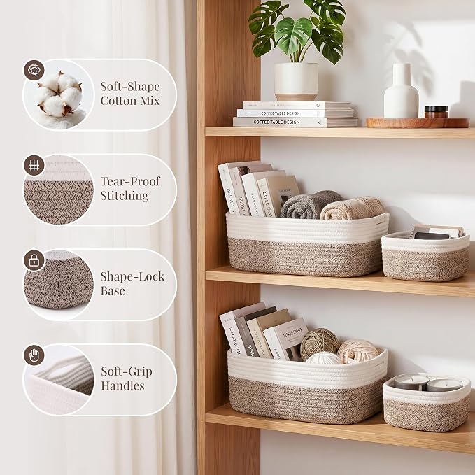 Storage Baskets for Shelves, 5 Pack, 2 Sizes Organizer Bins | Woven Cotton Rope Baskets, 3 Large + 2 Small Shallow Storage Bins for Nursery, Closet, Toys, Bathroom & Changing Table