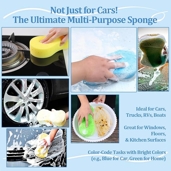 5 Pack Large Car Wash Sponges Non-Scratch Sponges for Auto, Truck, RV, Boat Cleaning Thick Foam for Kitchen, Bathroom, Household (Large)