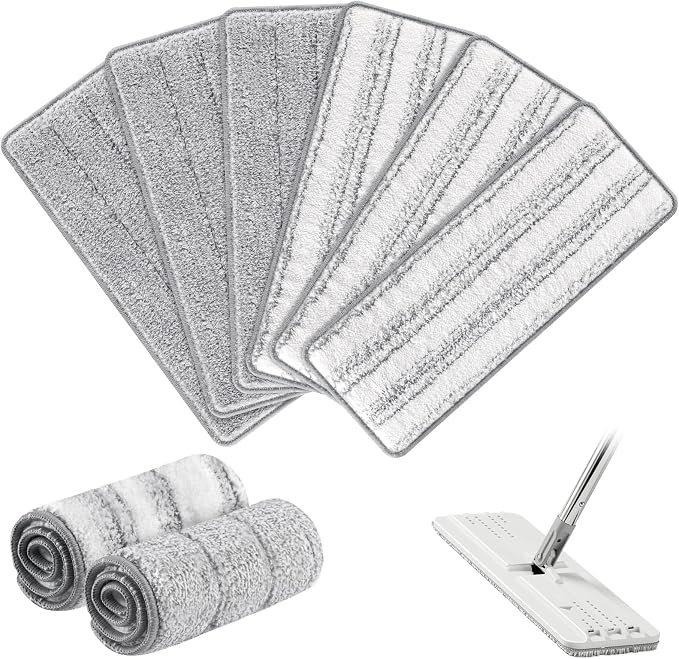 6 Pack Flat Mop Pads for Joymoop Mop and Bucket Set with Wringer | Washable & Reusable Microfiber Mop Head Refills for Oshang Bosheng Mop, 13" X 4.9", 6 Pack Grey/Stripe