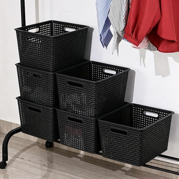 6 Pack Large Plastic Storage Baskets Bins with Lid, Black | Stackable Storage Basket Organizer Bins with Lids for Organizing Shelves Pantry Closet, 14"x 11.65"x 8.66"