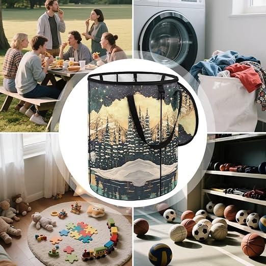 Mountain Lake Printed Outdoor Trash Can with Lid Large Collapsible Trash Can for Car Waterproof Garbage Bags for Bedroom, Yard, Camping, Picnic Home Decoration