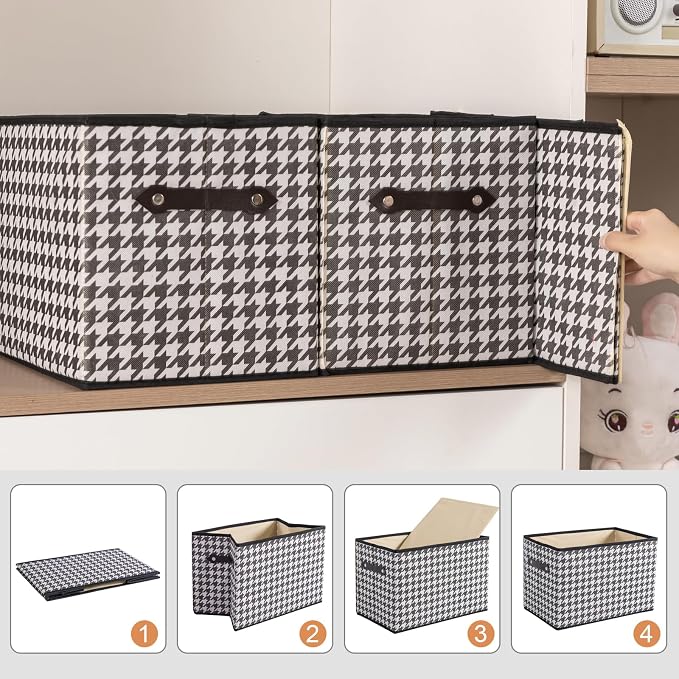 3 Pack Large Collapsible Storage Baskets for Shelves,14.9"x9.5" Fabric Closet storage Boxes with Leather Handles,Decorative Organizers Storage Bins for Clothes,Sheets,Toys,Books,(Houndstooth