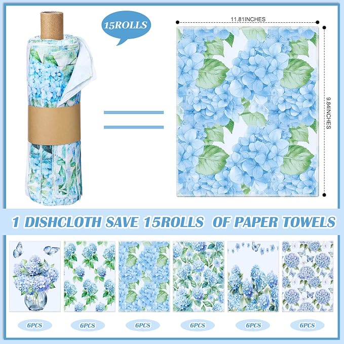 Reusable Kitchen Cloths Cotton Towel, 36 Pack, Hydrangea | Washable 9.84x11.81in, Paperless Towel Rolls Bulk, Cleaning Cloth Napkins for Dishes