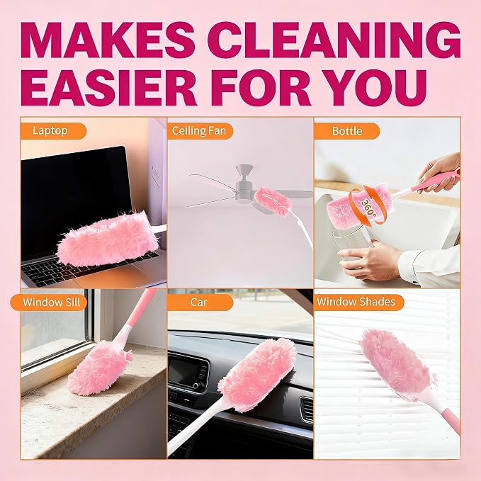 Pink Duster Refill for Swiffer Duster, 20 Count Heavy Duty Duster Refills | Kit with 1 Handle for Cleaning Dusting Furniture Blind Ceiling Fan, 360 Disposable Duster Refills Feather Duster