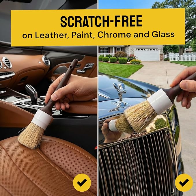Car Detailing Brush Set 3-pc, Car Detailing Kit Interior by Detail Dudes | Boar Hair Detailing Brushes - Exterior & Interior Soft Bristle Cleaning Brushes - Car Accessories for Wheels, Leather & Trim