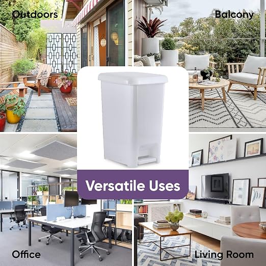 Superio Slim Trash Can with Foot Pedal – 10.5 Gallon Step-On Trash Can with Lid, Large Plastic Garbage Can, Trashcan for Bathroom, Kitchen, Office, Bedroom, Dorm Room, Patio, – White Smoke