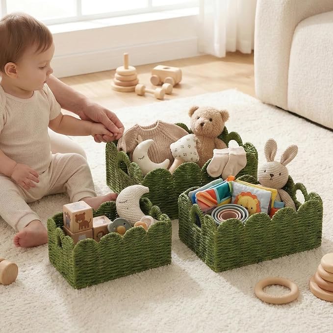 Scalloped Wicker Basket Set of 3, Hand-Woven Storage with Handles | set of 3 green scalloped baskets with handles. Hand-woven paper rope for shelves, bathroom or closet. Stackable, sturdy.