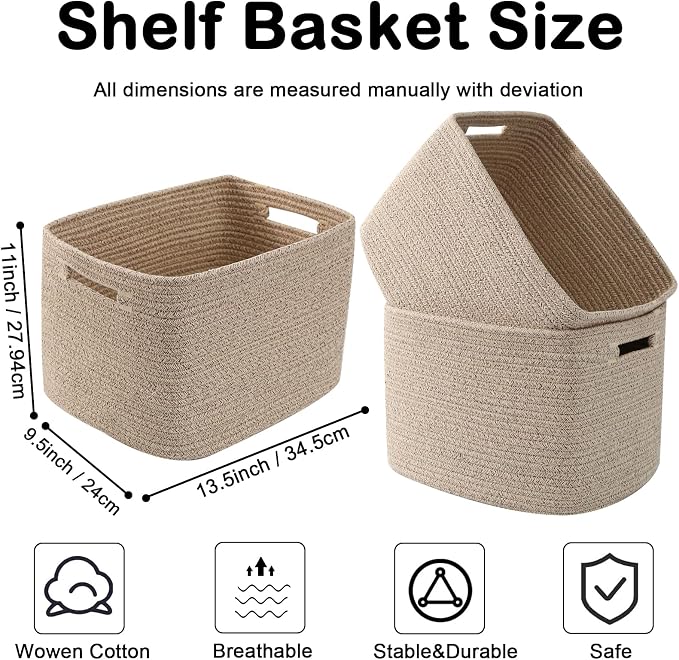 3 Pack Woven Baskets,Storage Baskets for Shelves with Handles | 13.5"×11"×9.5", Closet Baskets, Nursery Organizer for Toys Towels Books, Storage Bin for Living Room Bedroom (Mixed Brown)