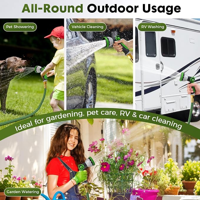 Garden Hose 25FT, Lightweight Flexible Water Hose | Solid Brass Fittings,10 Function nozzle, Wear Resistant, Non-Expandable, Yard, Lawn, Car Washing