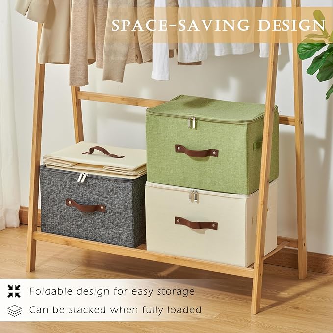 2PCS Storage Bins with Zipper Lids Decorative Lidded Basket Box | Clothes Container, Closet Shelf Organizer, Foldable Washable, Cotton Linen Fabric, w/ PU Leather Handles, Beige, Large