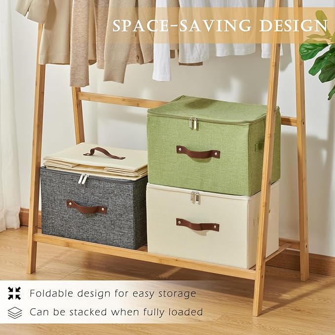 Storage Bins with Zipper Lids Decorative Lidded Baskets Boxes | Clothes Container, Closet Shelf Organizer, Foldable Washable, Cotton Linen Fabric, w/ PU Leather Handles, Teal Blue, Small