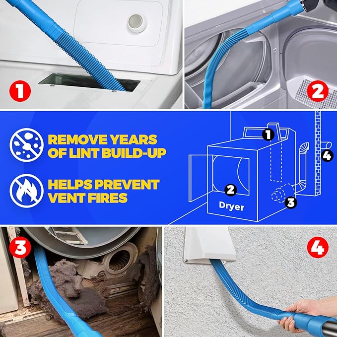 Holikme Dryer Vent Cleaner Kit – Blue Lint Vacuum Attachment | Dryer Vent Vacuum Hose Replacement Parts Reach Deep Inside Vents - Remove Hidden Lint, Speed Drying & Reduce Fire Risk