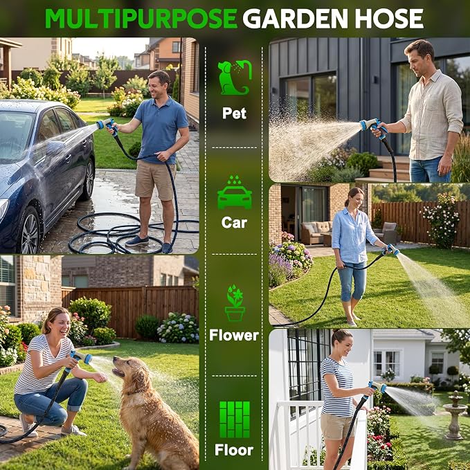 Non-Expanding Garden Hose 100ft w/10 Function Nozzle, Lightweight Water Hose