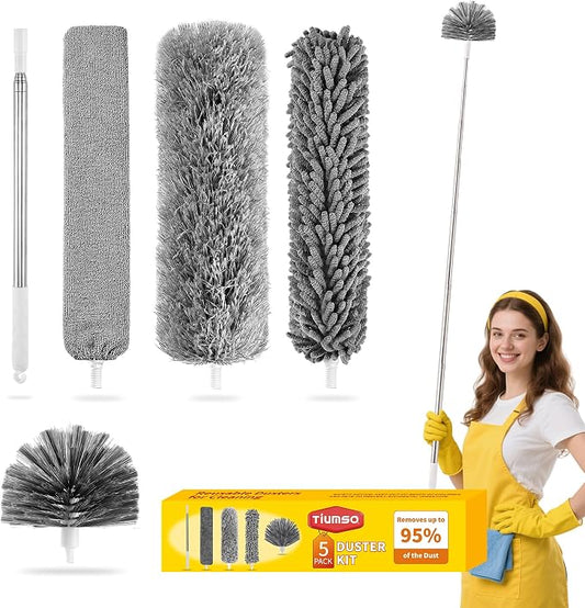 Heavy Duty Broom Indoor Outdoor Commercial Broom, 55" Long Handle Broom with CornerReach and Microfiber Duster 5-in-1 Kit with Extendable Pole for Home Office Kitchen and High Ceilings