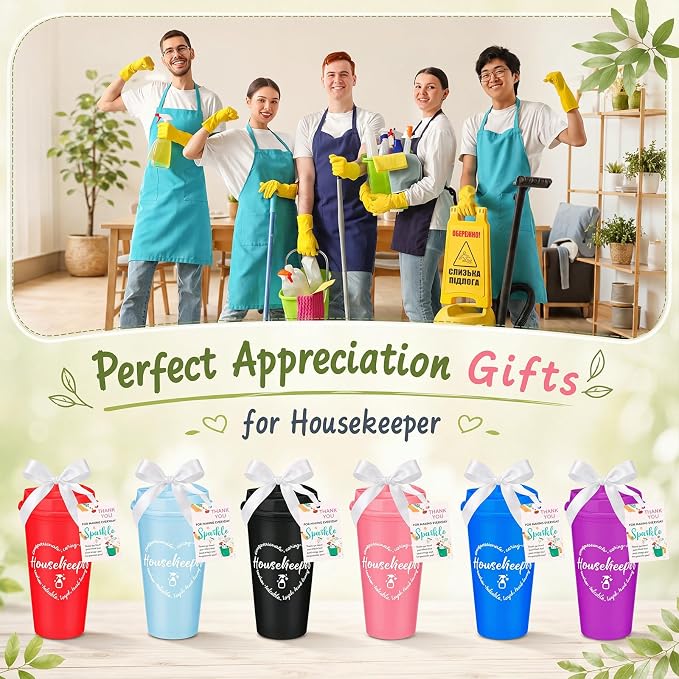 15 Sets Housekeeper Appreciation Gifts Plastic Cups with Lid Card | 10 Colors Portable Plastic Cups with Ribbon, Thank You Gifts for Housekeeping Week, Staff Coworker Team Events Supplies