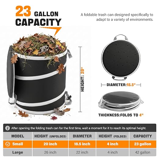 Collapsible Pop Up Trash Can with Hard Plastic Bottom and Drain Holes, 23 Gallon Foldable Yard Waste Leaf Bag and Outdoor Camping Garbage Bin for Garden, RV and Indoor Storage