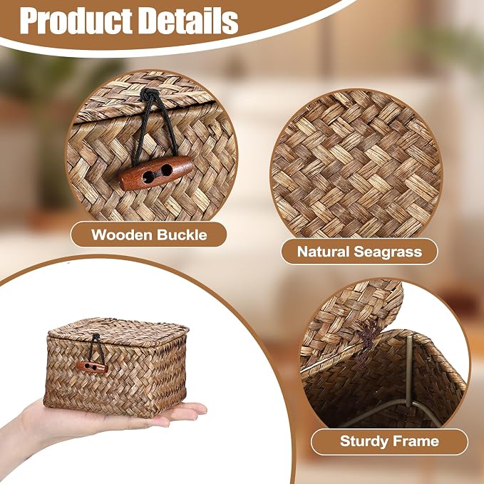Hipiwe Handwoven Seagrass Basket Bin Small Decorative Shelf Basket Boxes with Lid Wicker Storage Baskets Bins Multipurpose Table Organizer for Key Home Decor, 4.7"L x 4.7"W x 3"H