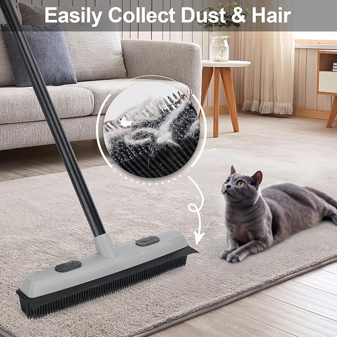 Pet Hair Removal Rubber Broom with Squeegee with 59" Long Handle | Carpet Rake for Pet Hair, 59" Telescoping Long Handle, Fur Remover Rake for Carpet, Hardwood Floor,Tile