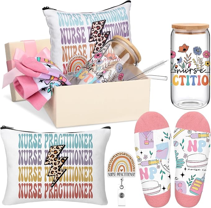 Skylety 5 Pcs Nurse Practitioner Week Gifts for Women Nurse Practitioner Appreciation Gift Glass Cup Sock Cosmetic Bag Badge Holder Thank You NP Gift Box for Nursing Students Graduation Birthday Gifts
